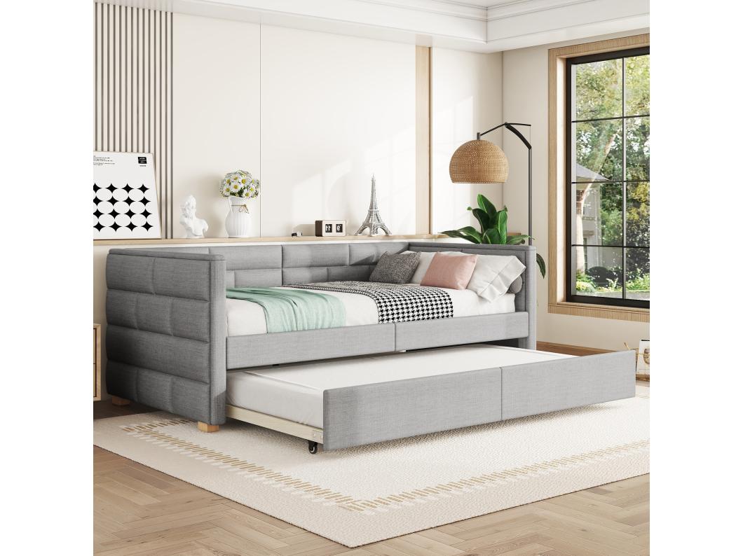 Cama de día de 90 x 200 cm, lino gris, cama infantil con respaldo y somier, sin colchón