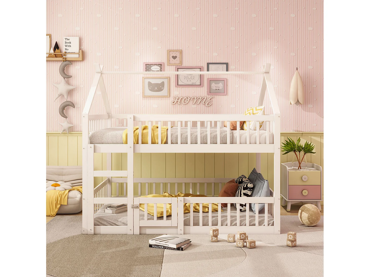 Lit superposé 140x200 cm - Lit enfant avec escalier et sommier à lattes en bois - blanc - sans matelas