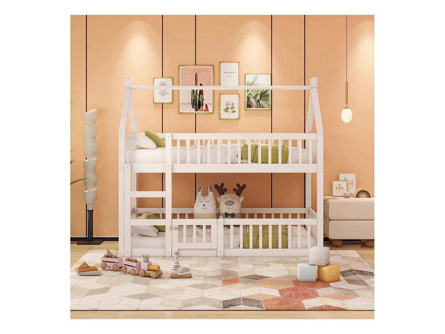 Lit superposé 90x200 cm - Lit enfant avec escalier et barrière de sécurité - blanc - sans matelas