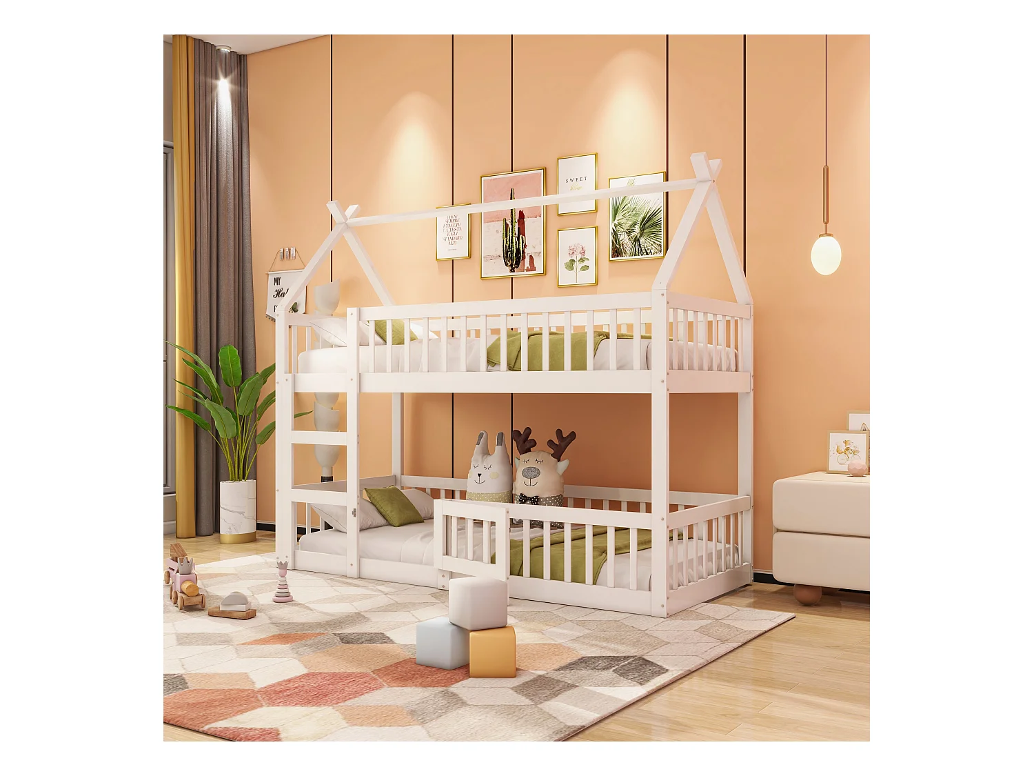 Lit superposé 90x200 cm - Lit enfant avec escalier et barrière de sécurité - blanc - sans matelas