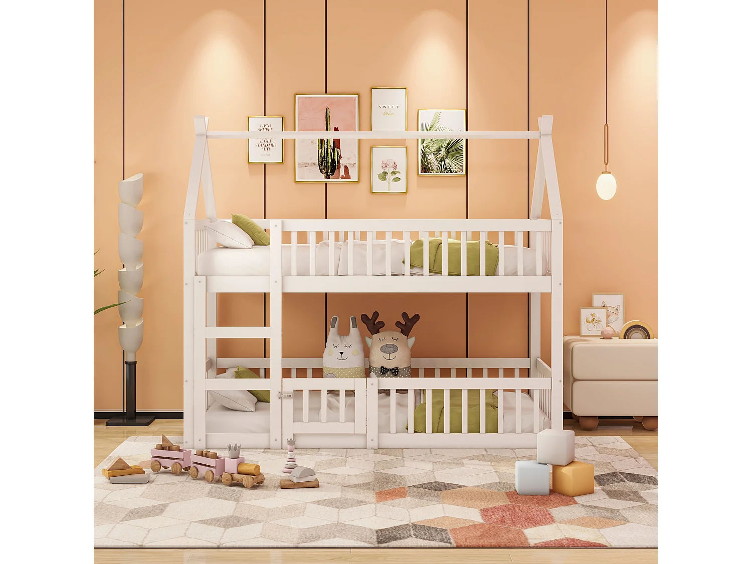 Etagenbett 90 x 200 cm – Kinderbett mit Treppe und Absturzsicherung – weiß – ohne Matratze