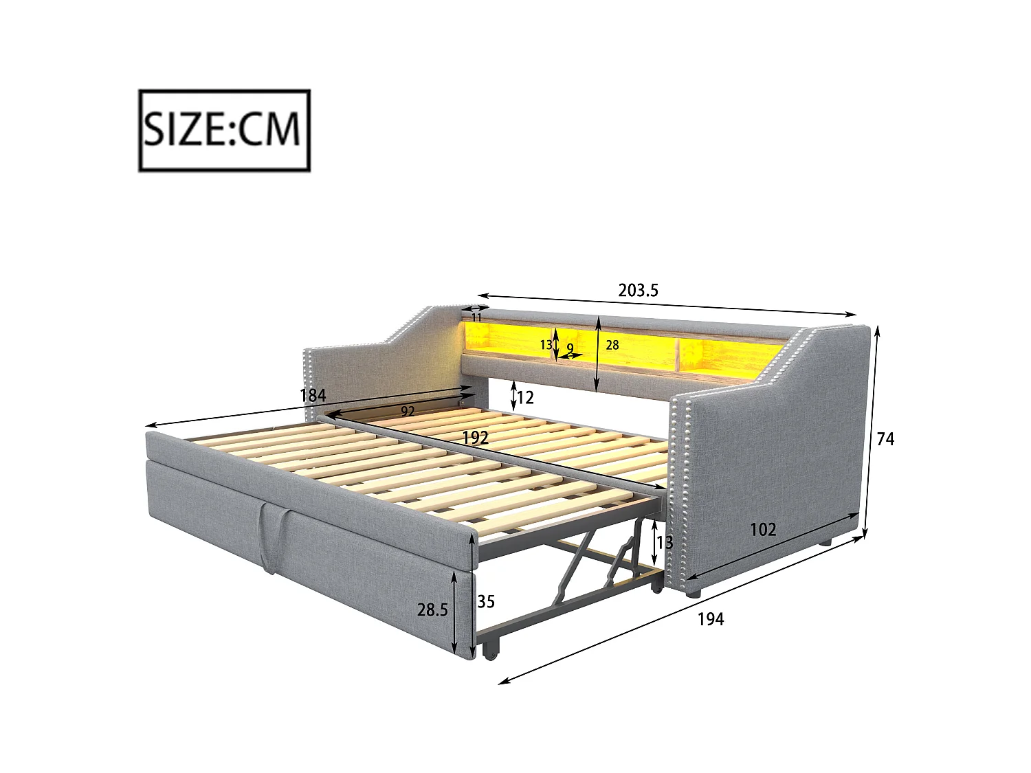 Tagesbett 90/180 x 190 cm – Graues Leinen – Erwachsenenbett mit LED-Beleuchtung und USB-Anschluss – Lattenrost – Ohne Matratze