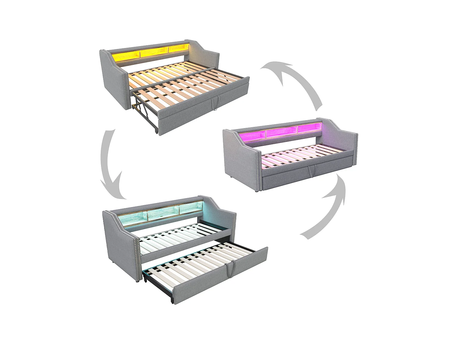 Tagesbett 90/180 x 190 cm – Graues Leinen – Erwachsenenbett mit LED-Beleuchtung und USB-Anschluss – Lattenrost – Ohne Matratze