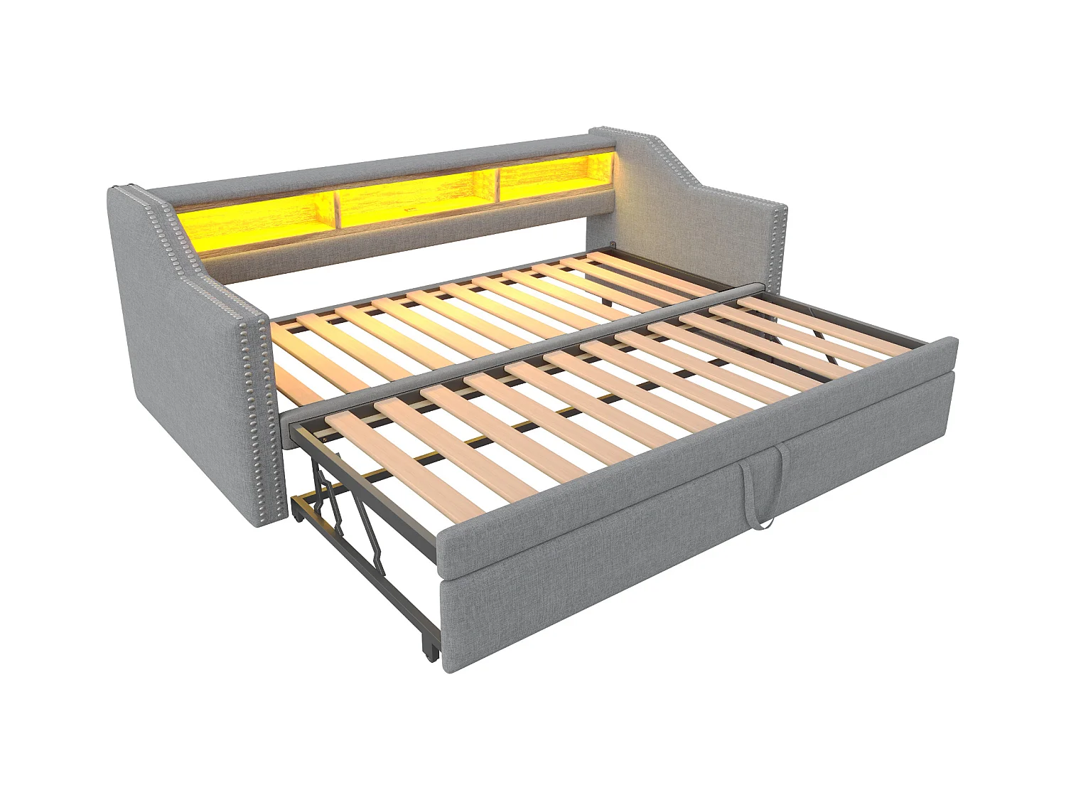 Tagesbett 90/180 x 190 cm – Graues Leinen – Erwachsenenbett mit LED-Beleuchtung und USB-Anschluss – Lattenrost – Ohne Matratze