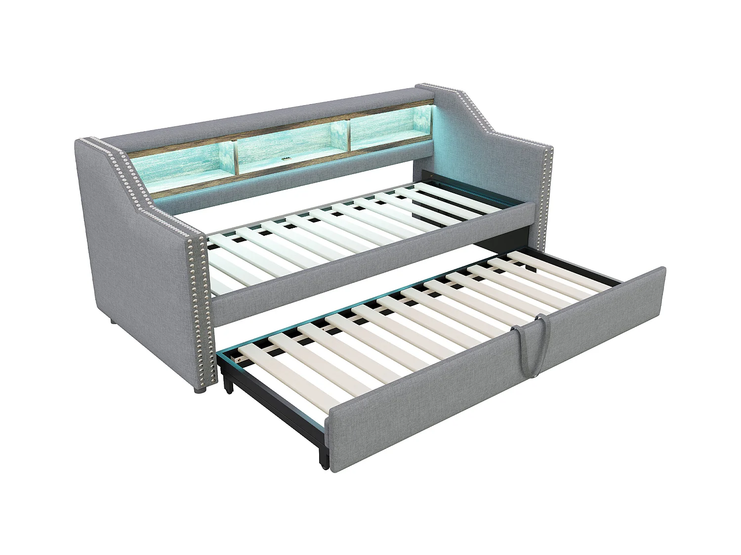 Tagesbett 90/180 x 190 cm – Graues Leinen – Erwachsenenbett mit LED-Beleuchtung und USB-Anschluss – Lattenrost – Ohne Matratze