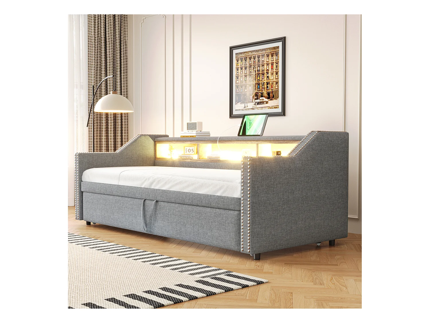 Lit banquette 90/180 x 190 cm - Lin gris - Lit adulte avec éclairage LED et port USB - sommier à lattes - sans matelas