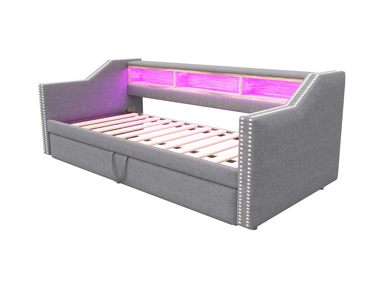 Lit banquette 90/180 x 190 cm - Lin gris - Lit adulte avec éclairage LED et port USB - sommier à lattes - sans matelas