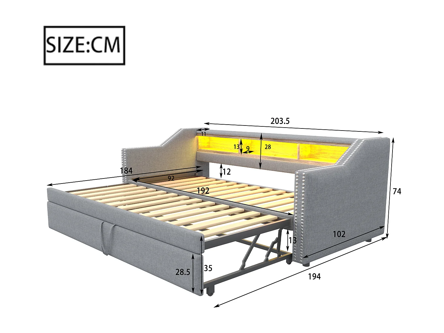 Tagesbett 90/180 x 190 cm – Graues Leinen – Erwachsenenbett mit LED-Beleuchtung und USB-Anschluss – Lattenrost – Ohne Matratze