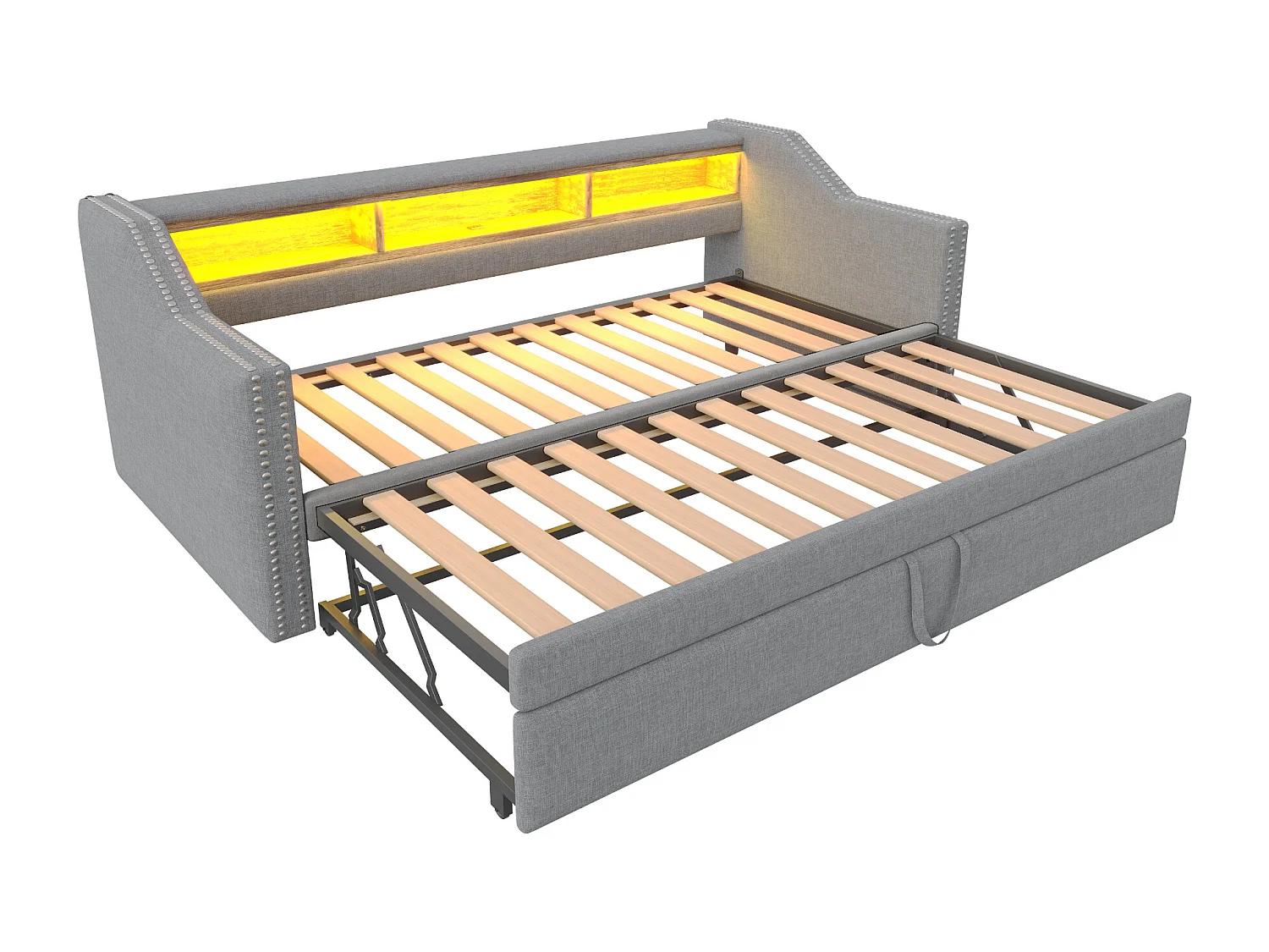 Tagesbett 90/180 x 190 cm – Graues Leinen – Erwachsenenbett mit LED-Beleuchtung und USB-Anschluss – Lattenrost – Ohne Matratze