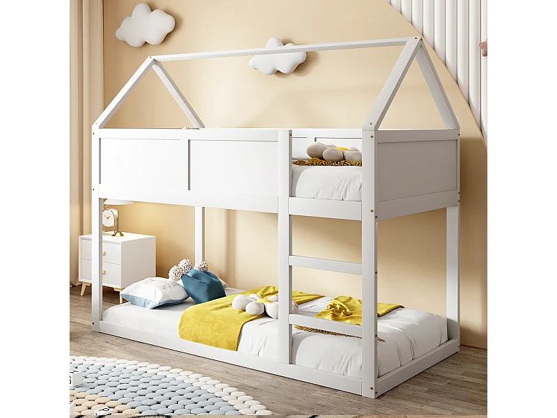 Stapelbed 90x200 cm - kinderbed met trap en houten frame - wit - zonder matras