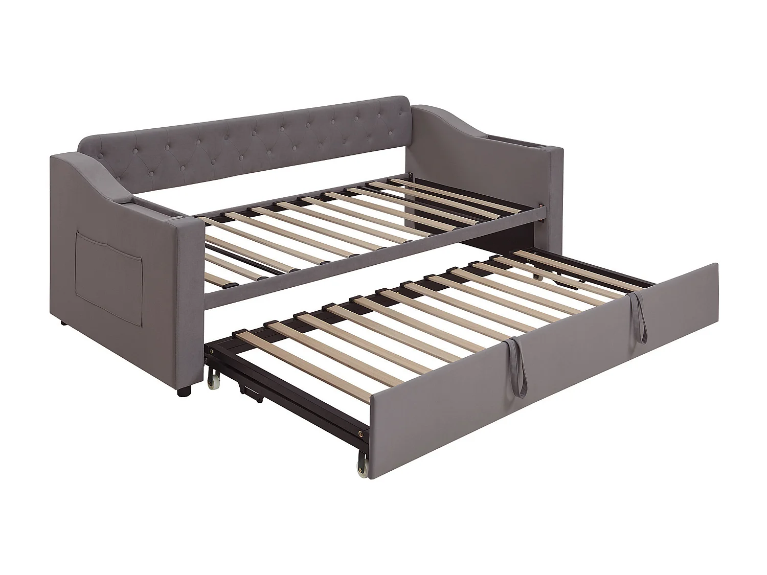 Lit banquette 90/180 x 190 cm - velours gris foncé - Lit adulte avec fonction de charge USB - sommier à lattes - sans matelas