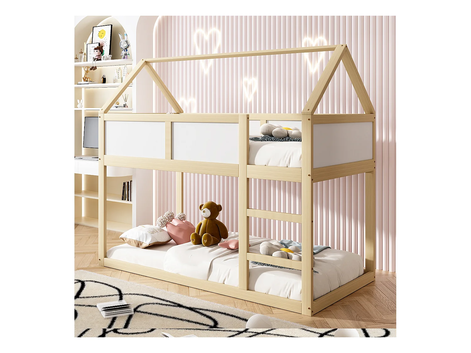 Etagenbett 90 x 200 cm – Kinderbett mit Treppe und Holzrahmen – Holzfarbe – ohne Matratze