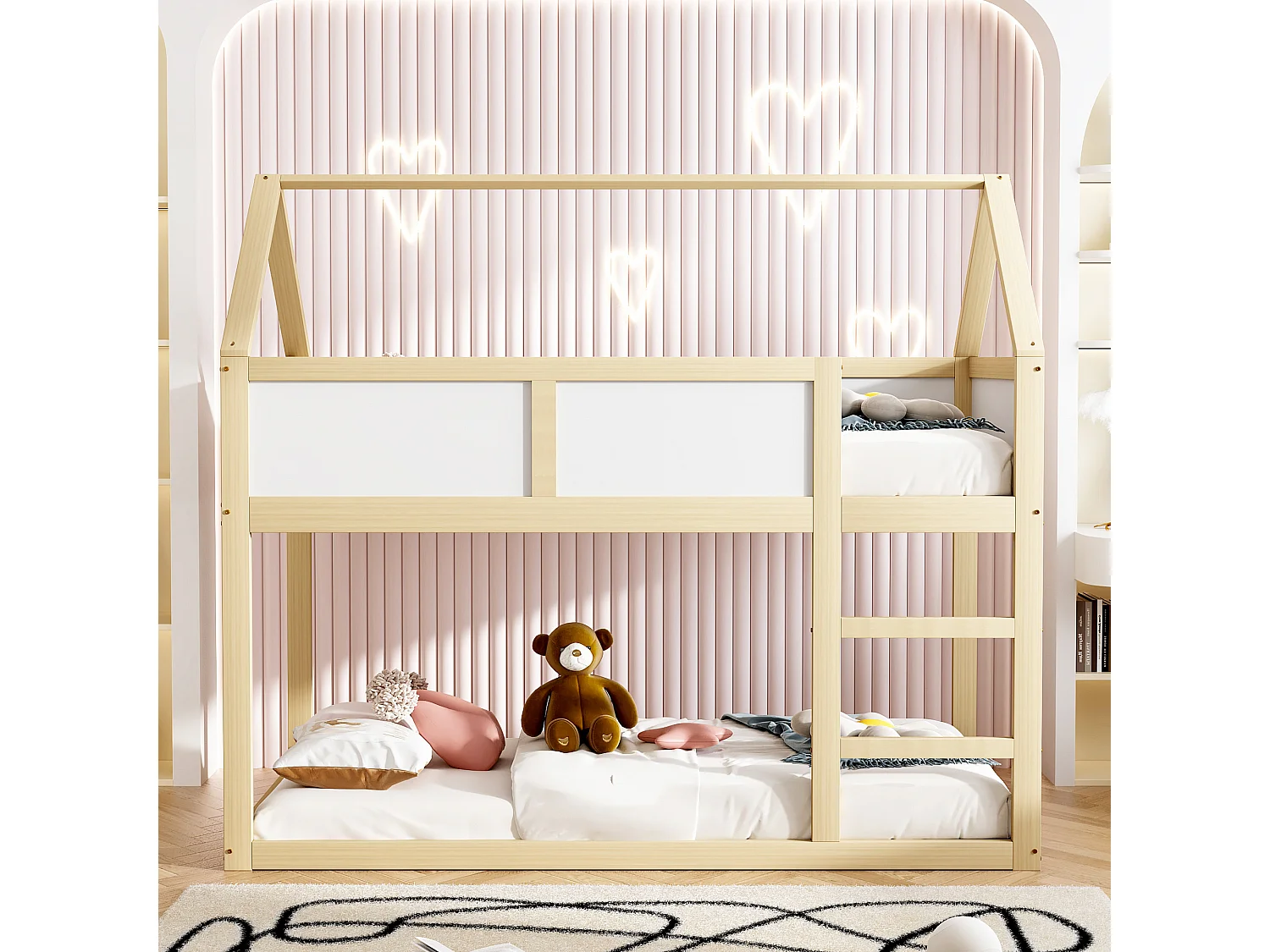 Etagenbett 90 x 200 cm – Kinderbett mit Treppe und Holzrahmen – Holzfarbe – ohne Matratze
