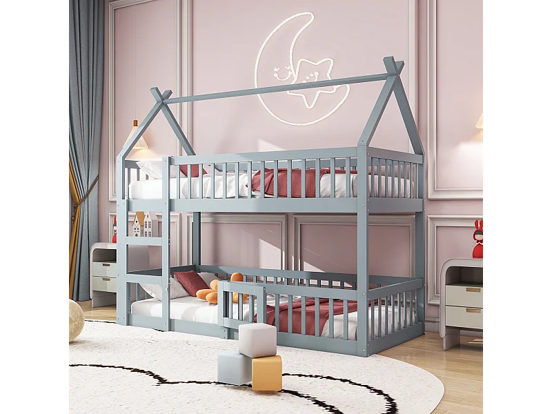 Lit superposé 90x200 cm - Lit enfant avec escalier et barrière de sécurité - gris - sans matelas