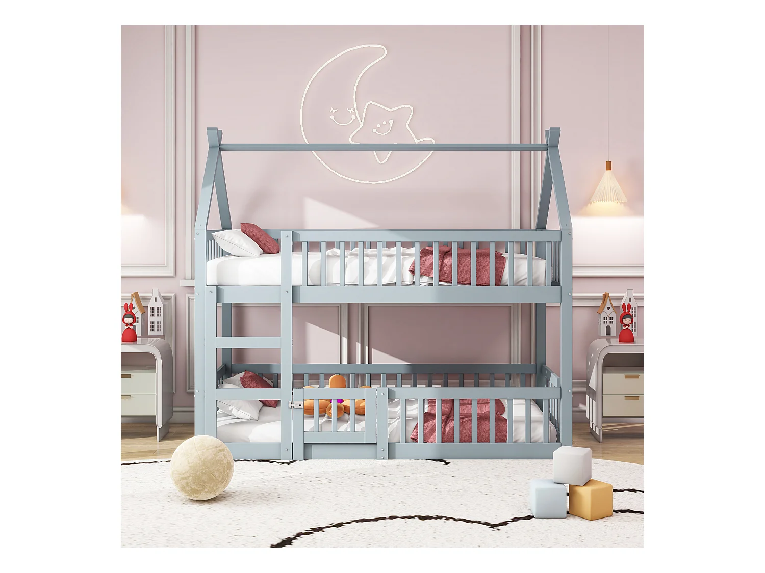 Lit superposé 90x200 cm - Lit enfant avec escalier et barrière de sécurité - gris - sans matelas