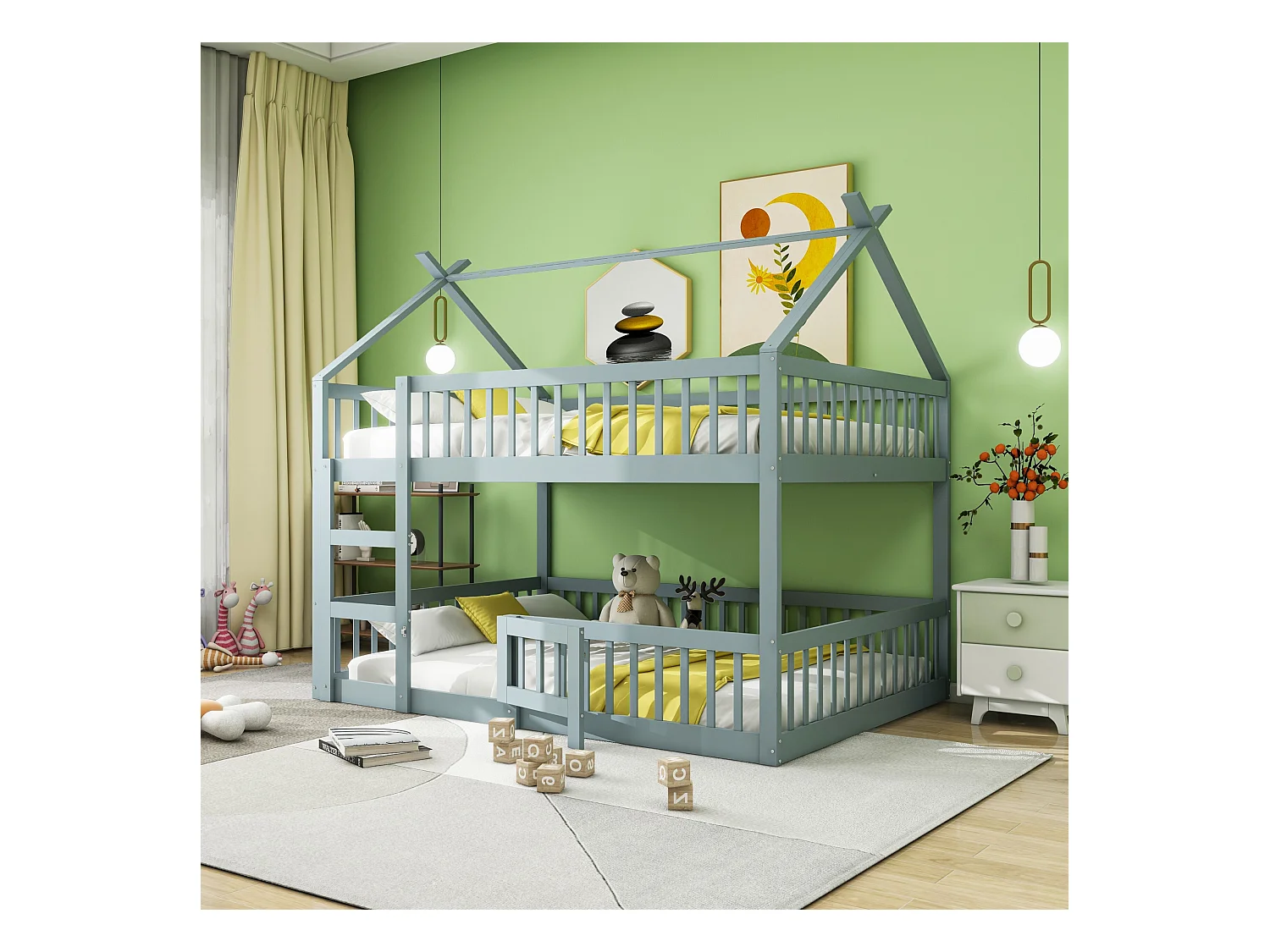 Lit superposé 140x200 cm - Lit enfant avec escalier et sommier à lattes en bois - gris - sans matelas