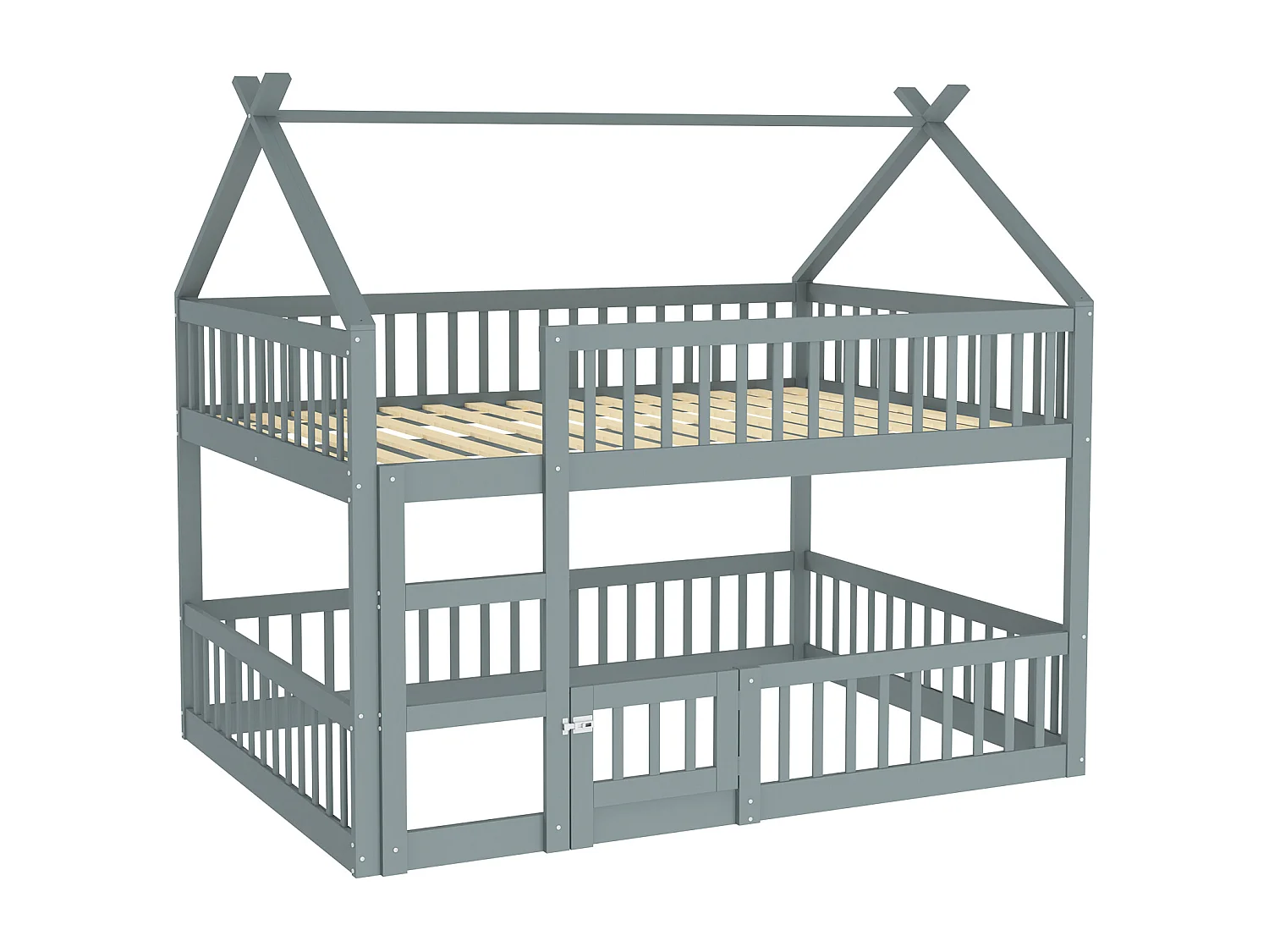 Lit superposé 140x200 cm - Lit enfant avec escalier et sommier à lattes en bois - gris - sans matelas