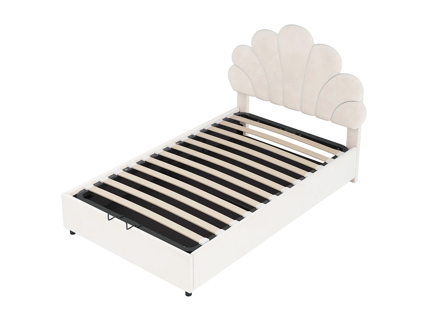 Lit coffre 90 x 200 cm - velours beige - Lit enfant avec tête de lit réglable et sommier à lattes - sans matelas