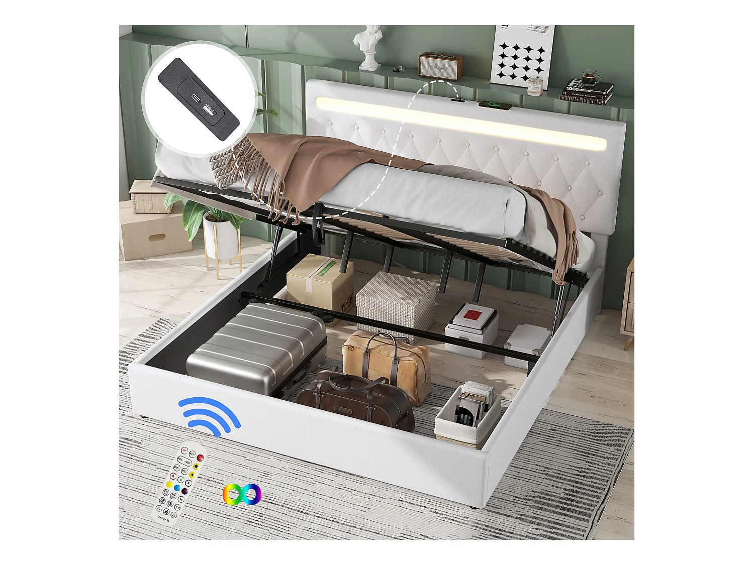 Lit coffre 180x200 cm - Lin blanc - Lit double avec lumière LED et chargement USB - san fond