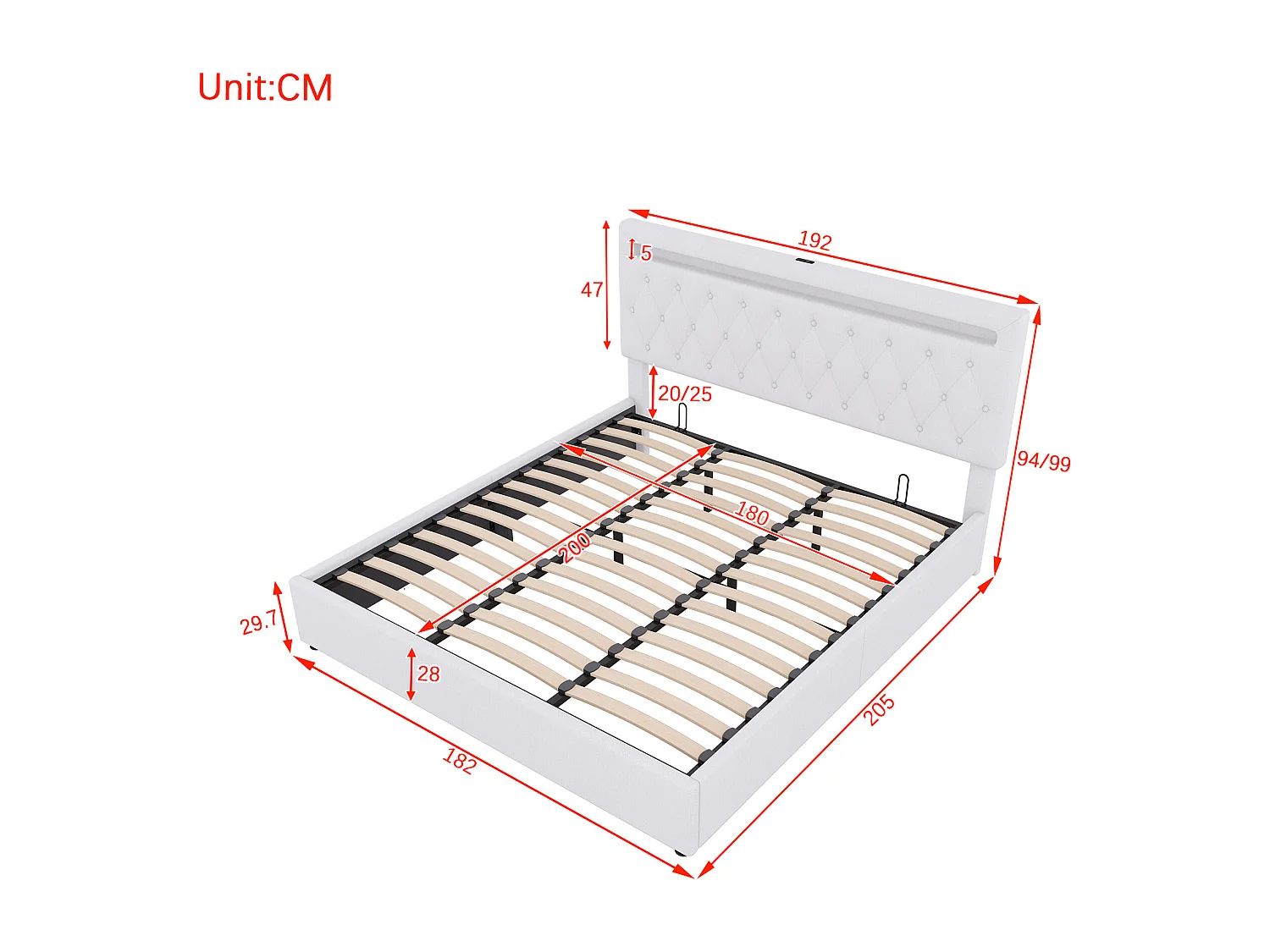 Łóżko ze schowkiem 180x200 cm - Biały len - łóżko dwuosobowe z oświetleniem LED i ładowaniem przez USB - bez podstawy