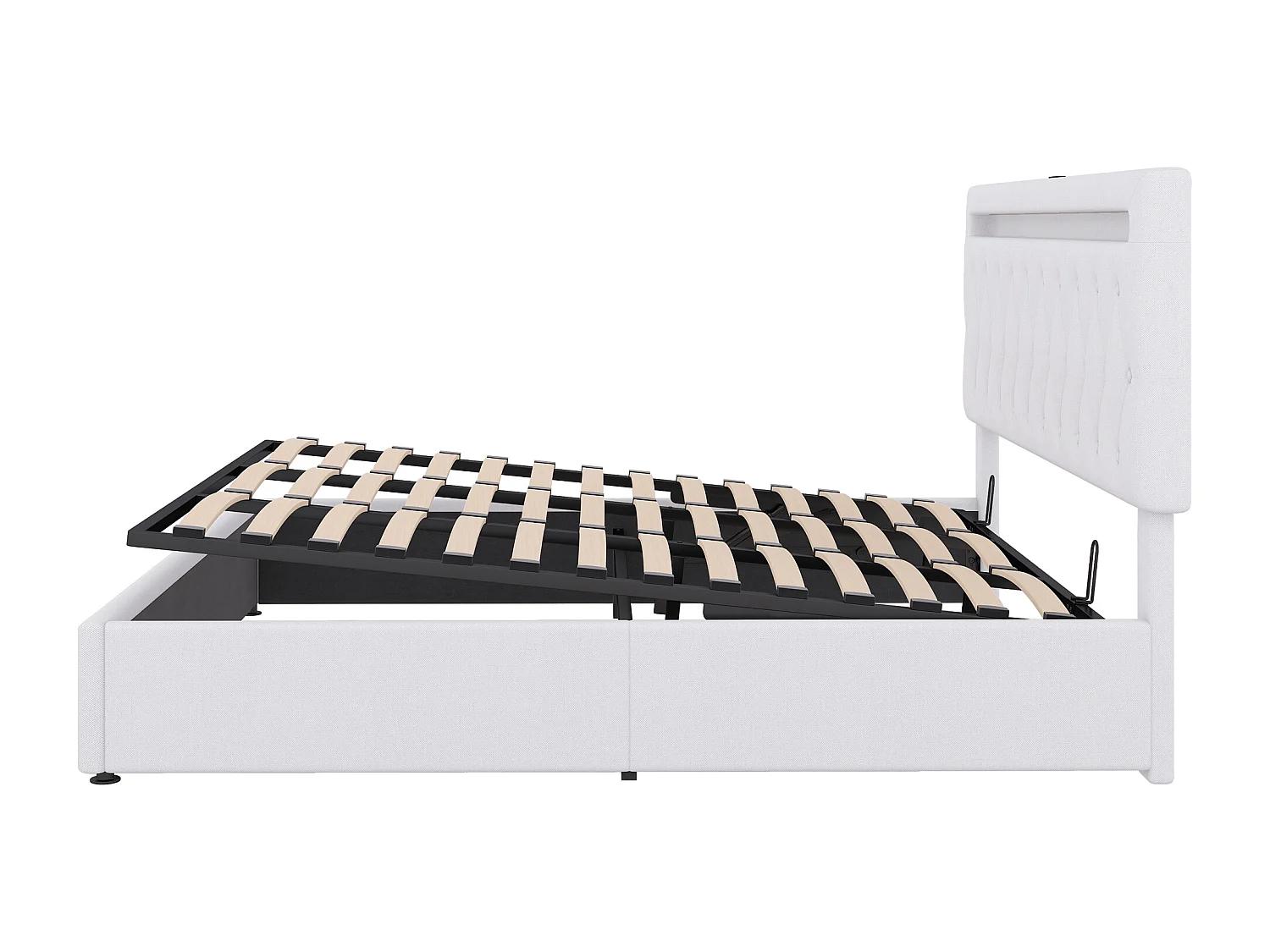 Łóżko ze schowkiem 180x200 cm - Biały len - łóżko dwuosobowe z oświetleniem LED i ładowaniem przez USB - bez podstawy