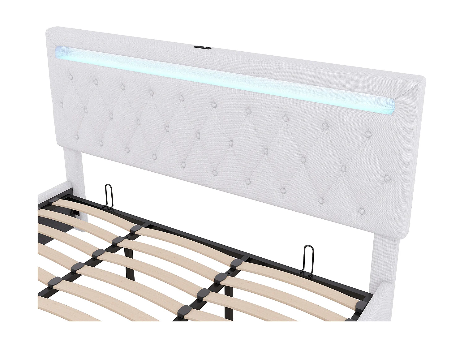 Łóżko ze schowkiem 180x200 cm - Biały len - łóżko dwuosobowe z oświetleniem LED i ładowaniem przez USB - bez podstawy