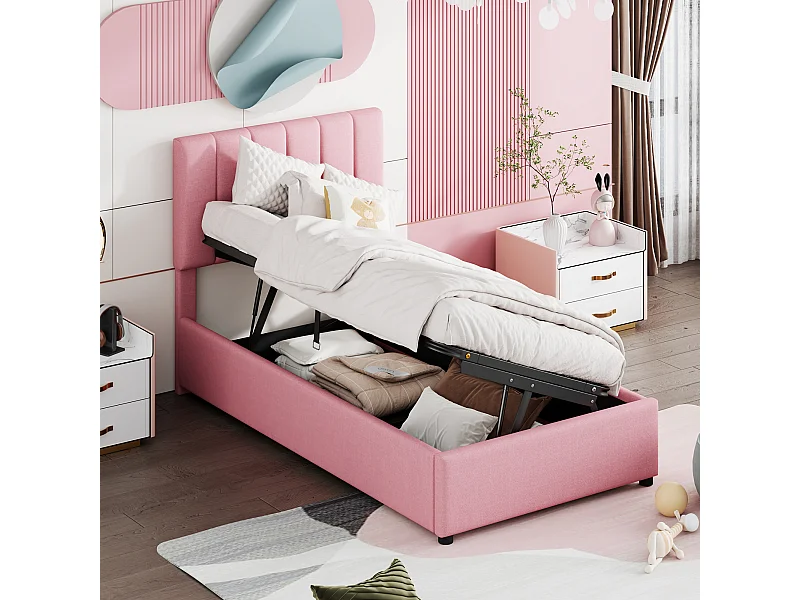 Bed met opbergruimte 90 x 200 cm - Roze linnen - Kinderbed met in hoogte verstelbaar hoofdeinde - houten lattenbodem - zonder matras