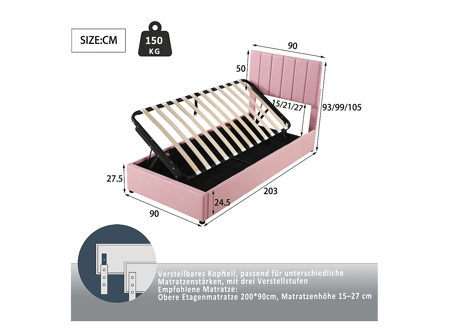 Bettkastenbett 90 x 200 cm – rosafarbenes Leinen – Kinderbett mit höhenverstellbarem Kopfteil – Holzlattenrost – ohne Matratze