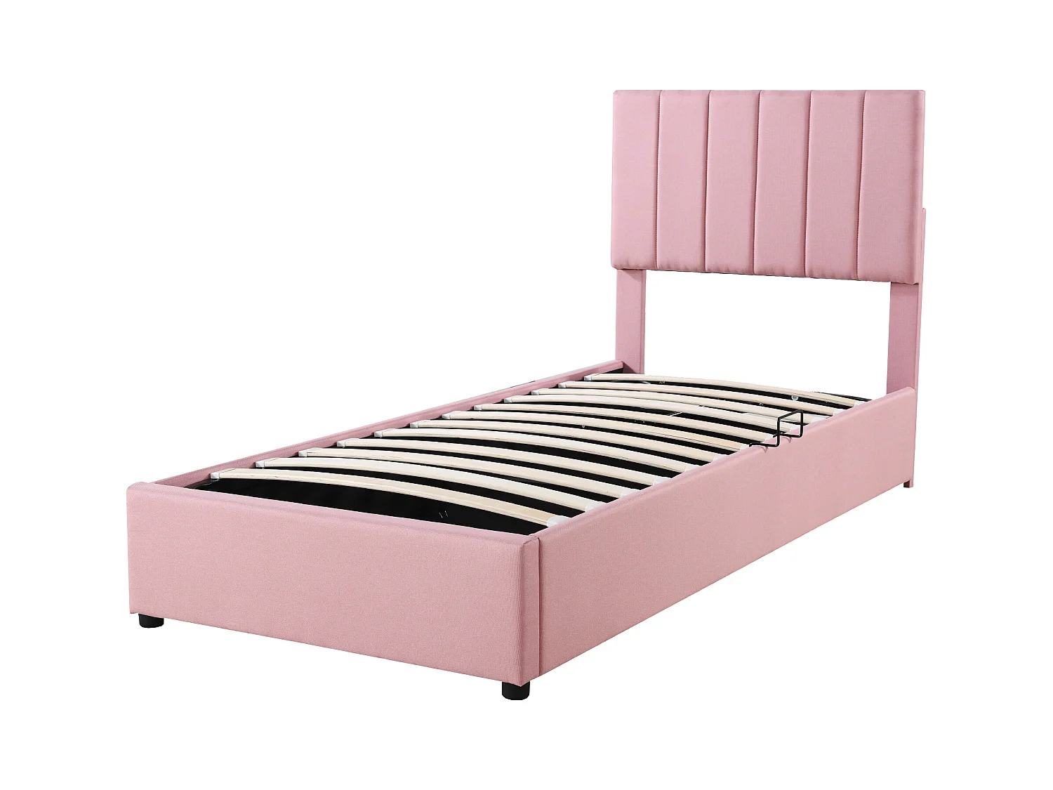 Bettkastenbett 90 x 200 cm – rosafarbenes Leinen – Kinderbett mit höhenverstellbarem Kopfteil – Holzlattenrost – ohne Matratze