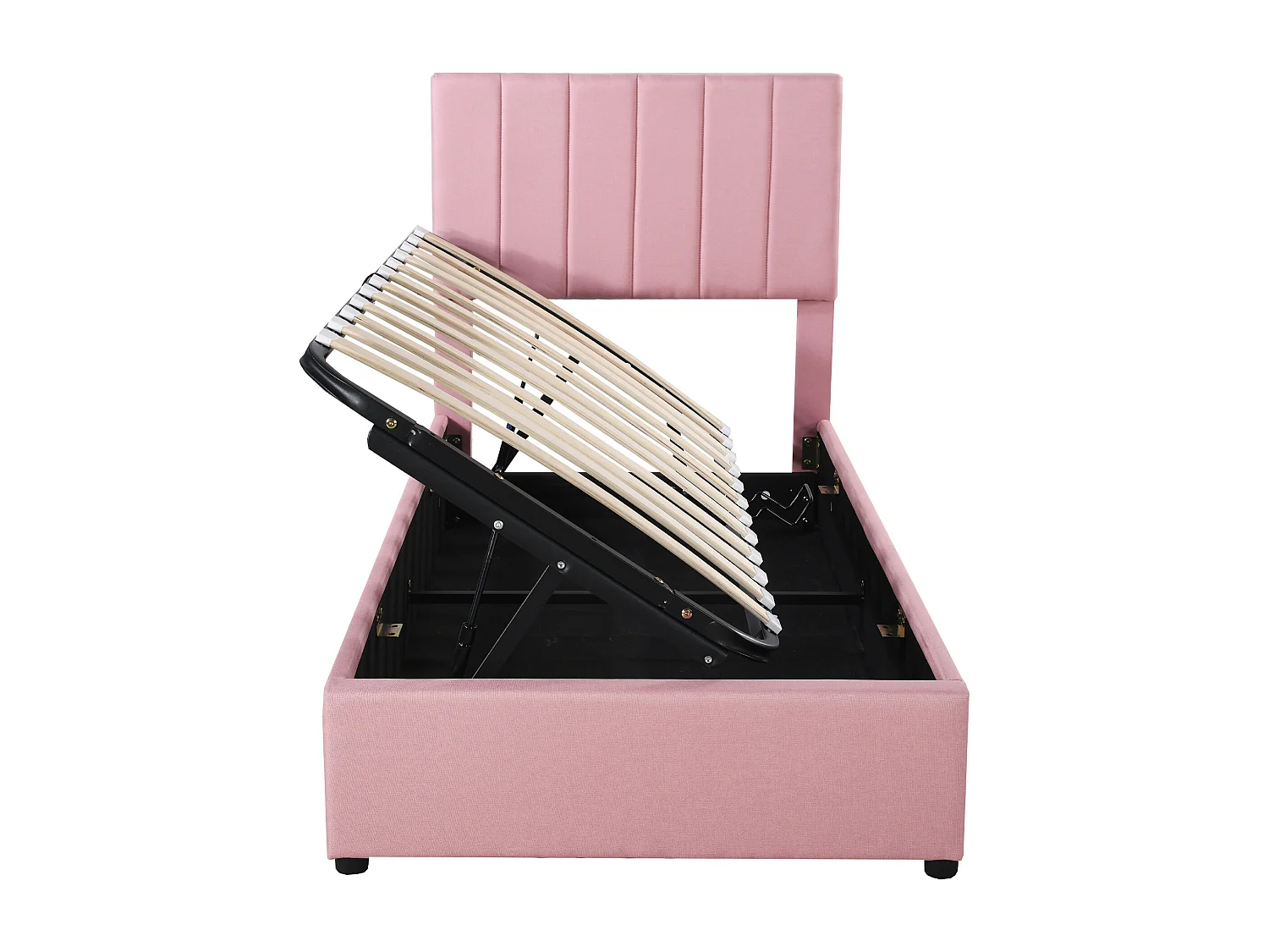 Bettkastenbett 90 x 200 cm – rosafarbenes Leinen – Kinderbett mit höhenverstellbarem Kopfteil – Holzlattenrost – ohne Matratze