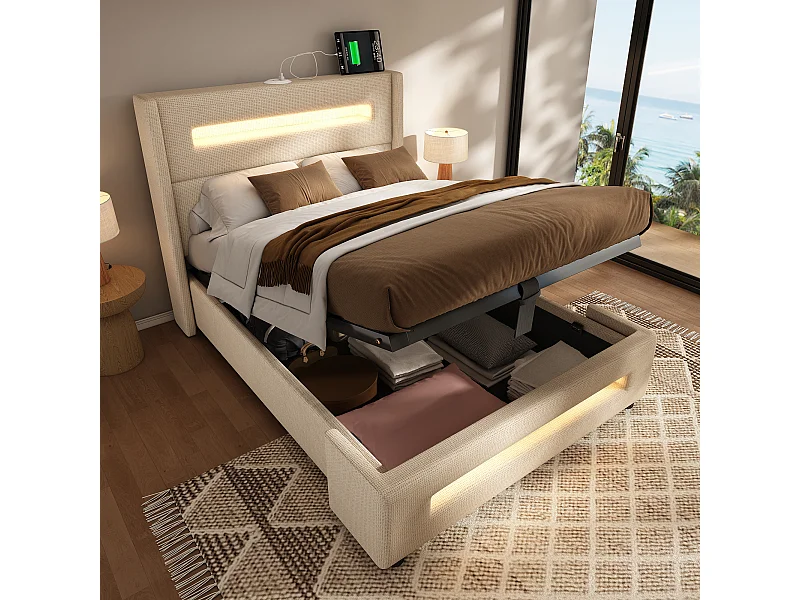 Cama con almacenamiento 90 x 200 cm, lino beige, cama infantil con luces LED y cargador USB tipo C, somier de láminas de madera
