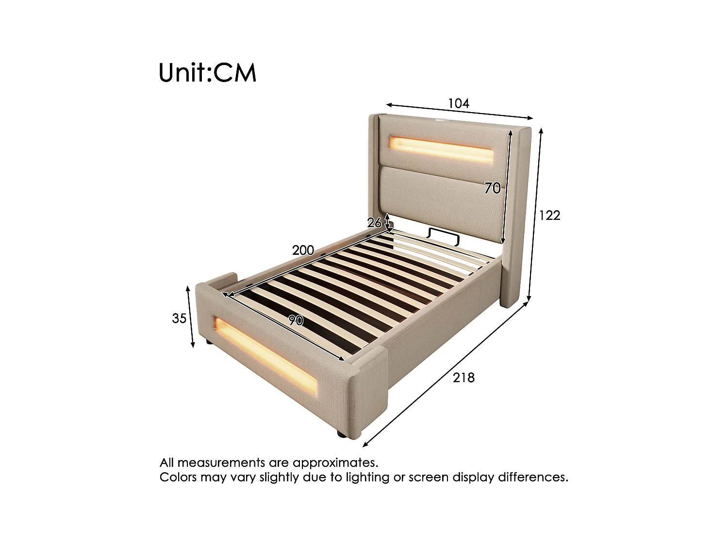 Stauraumbett 90 x 200 cm, beigefarbenes Leinen, mit LED-Beleuchtung und USB-C-Ladefunktion, Lattenrost aus Holz