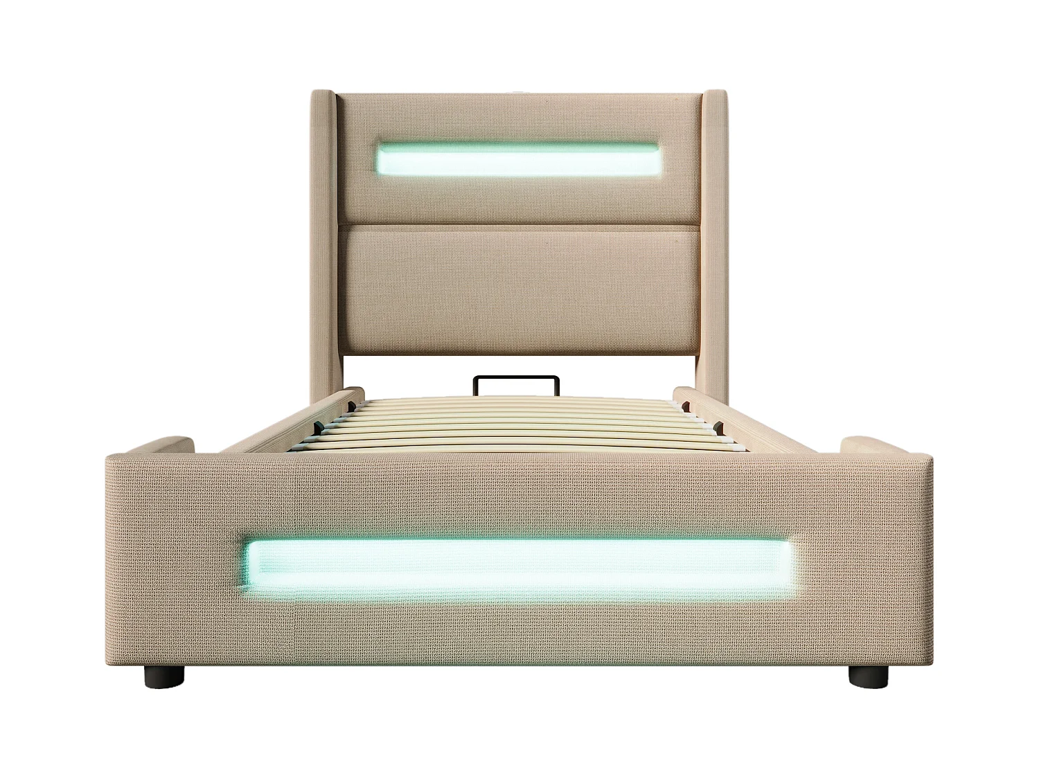 Stauraumbett 90 x 200 cm, beigefarbenes Leinen, mit LED-Beleuchtung und USB-C-Ladefunktion, Lattenrost aus Holz