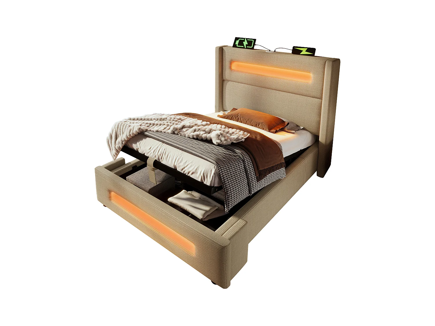 Stauraumbett 90 x 200 cm, beigefarbenes Leinen, mit LED-Beleuchtung und USB-C-Ladefunktion, Lattenrost aus Holz