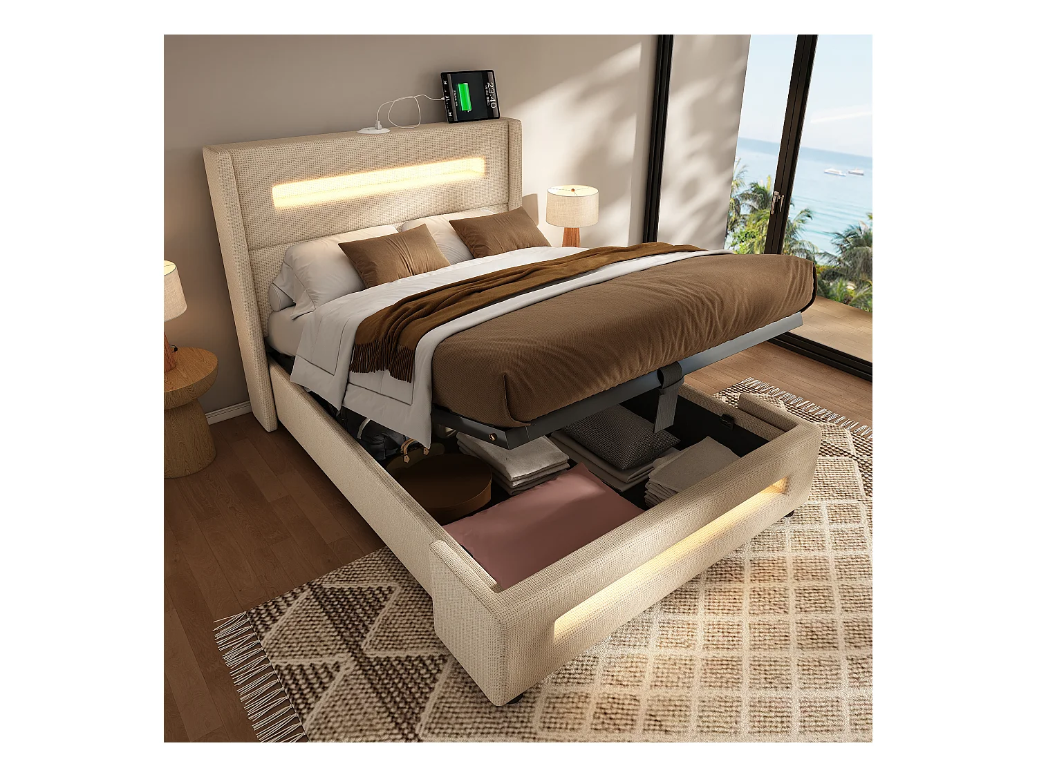 Lit coffre 90x200 cm, lin beige, Lit enfant avec LED et chargeur USB Type-C, sommier à lattes en bois