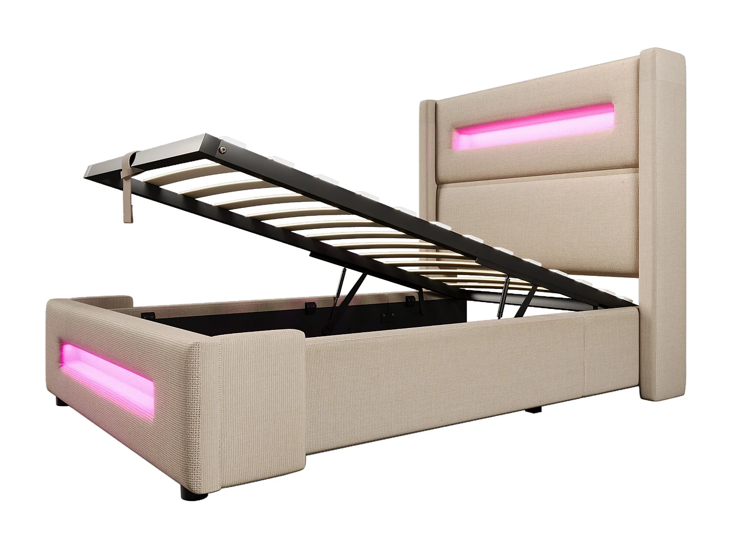 Lit coffre 90x200 cm, lin beige, Lit enfant avec LED et chargeur USB Type-C, sommier à lattes en bois