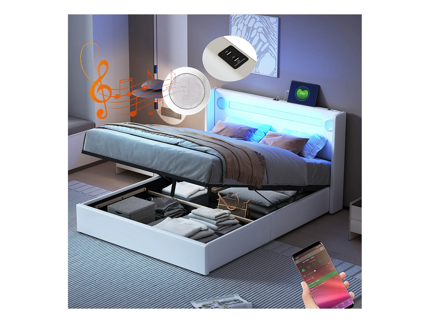 Bett mit Stauraum 140 x 200 cm – PU weiß – Erwachsenenbett mit USB-Ladefunktion und Bluetooth-Player – LED-Lichtleiste – ohne Matratze