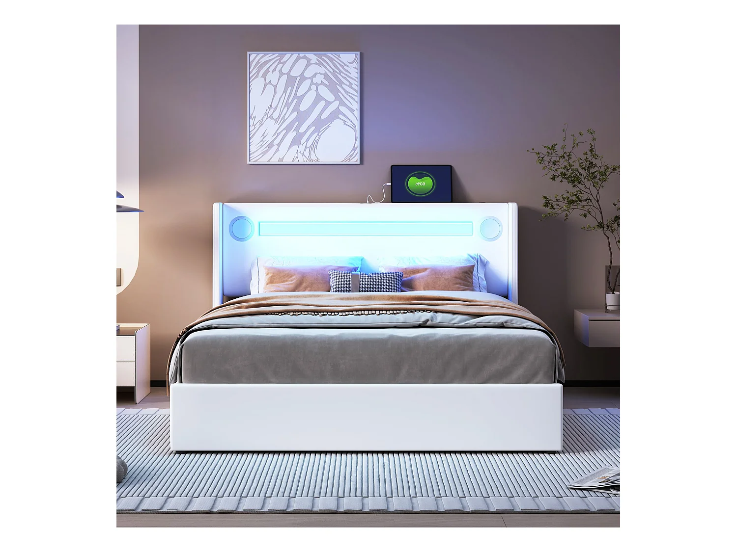 Bett mit Stauraum 140 x 200 cm – PU weiß – Erwachsenenbett mit USB-Ladefunktion und Bluetooth-Player – LED-Lichtleiste – ohne Matratze