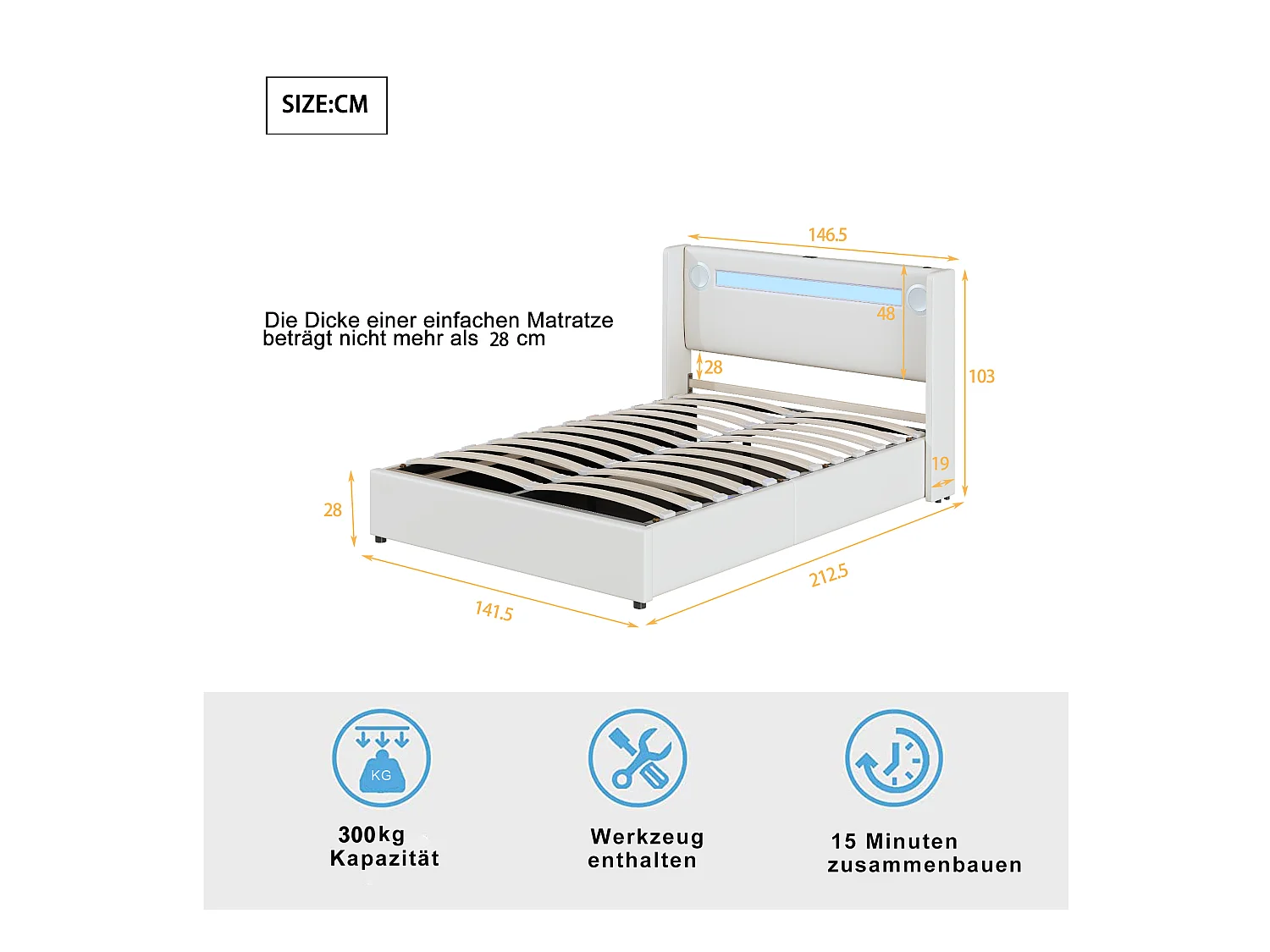 Bett mit Stauraum 140 x 200 cm – PU weiß – Erwachsenenbett mit USB-Ladefunktion und Bluetooth-Player – LED-Lichtleiste – ohne Matratze