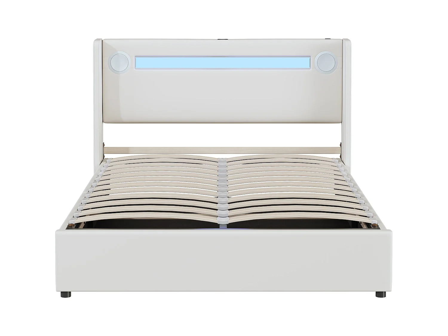 Bett mit Stauraum 140 x 200 cm – PU weiß – Erwachsenenbett mit USB-Ladefunktion und Bluetooth-Player – LED-Lichtleiste – ohne Matratze