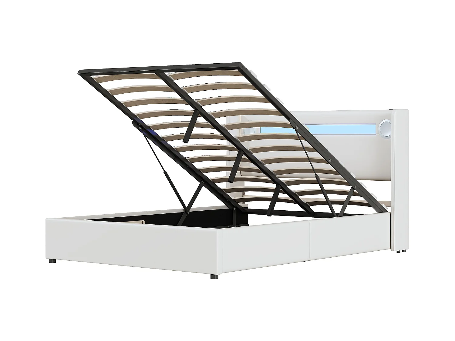 Bett mit Stauraum 140 x 200 cm – PU weiß – Erwachsenenbett mit USB-Ladefunktion und Bluetooth-Player – LED-Lichtleiste – ohne Matratze