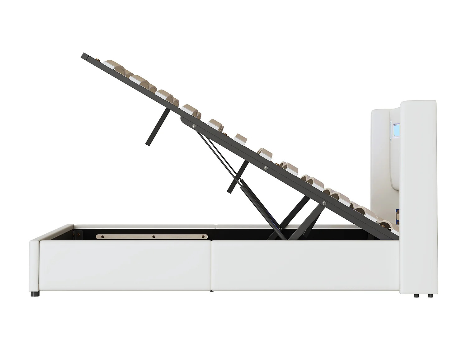 Lit coffre 140 x 200 cm - PU blanc - Lit adulte avec chargeur USB et lecteur Bluetooth - éclairage LED - sans matelas