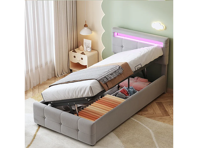 Lit coffre 90x200 cm - velours gris - Lit enfant avec tête de lit réglable et éclairage LED - sans matelas