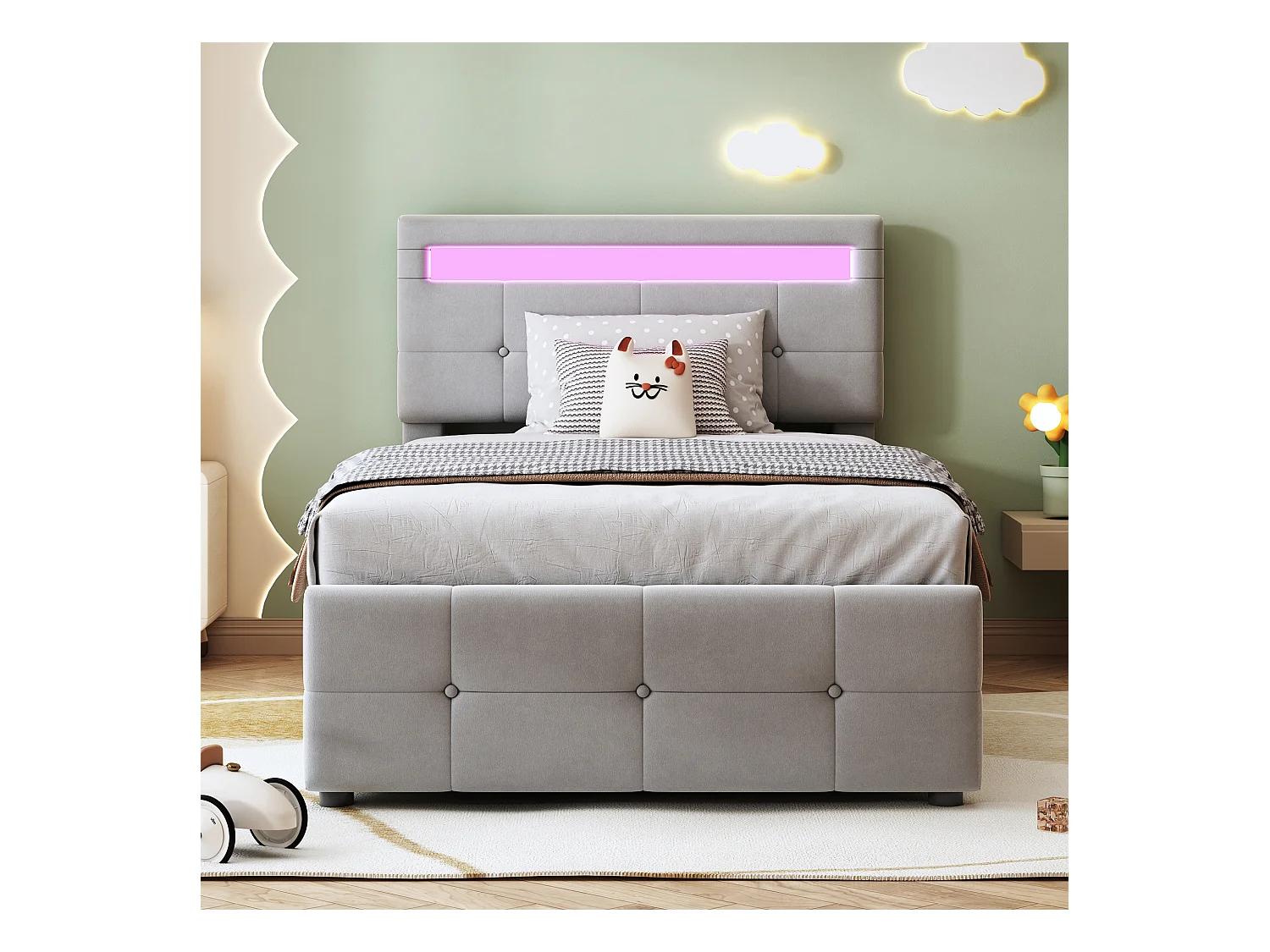 Lit coffre 90x200 cm - velours gris - Lit enfant avec tête de lit réglable et éclairage LED - sans matelas