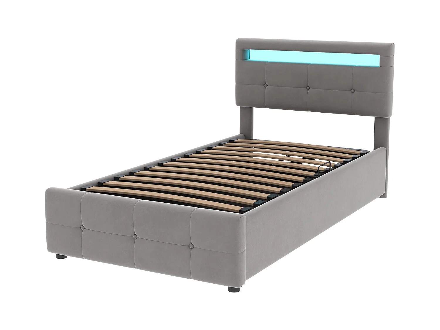 Lit coffre 90x200 cm - velours gris - Lit enfant avec tête de lit réglable et éclairage LED - sans matelas