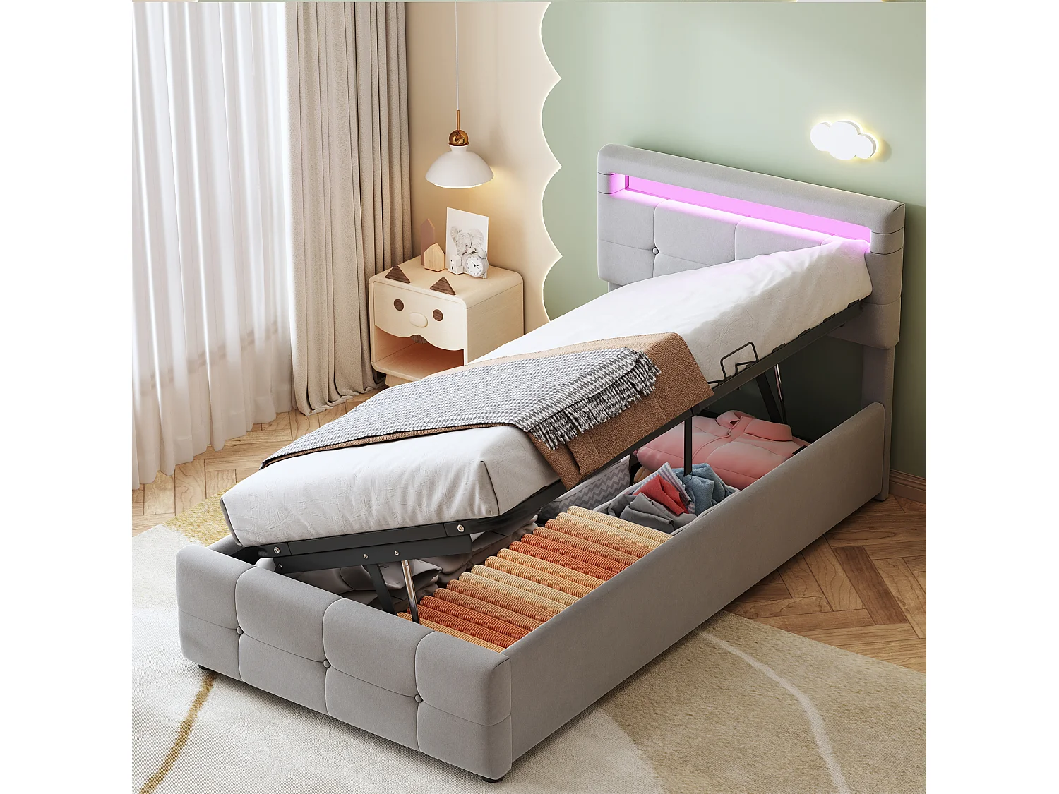 Lit coffre 90x200 cm - velours gris - Lit enfant avec tête de lit réglable et éclairage LED - sans matelas