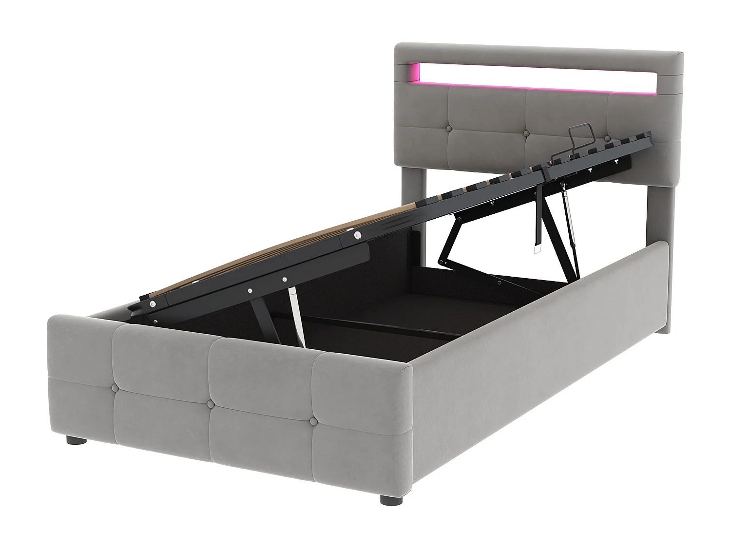 Lit coffre 90x200 cm - velours gris - Lit enfant avec tête de lit réglable et éclairage LED - sans matelas