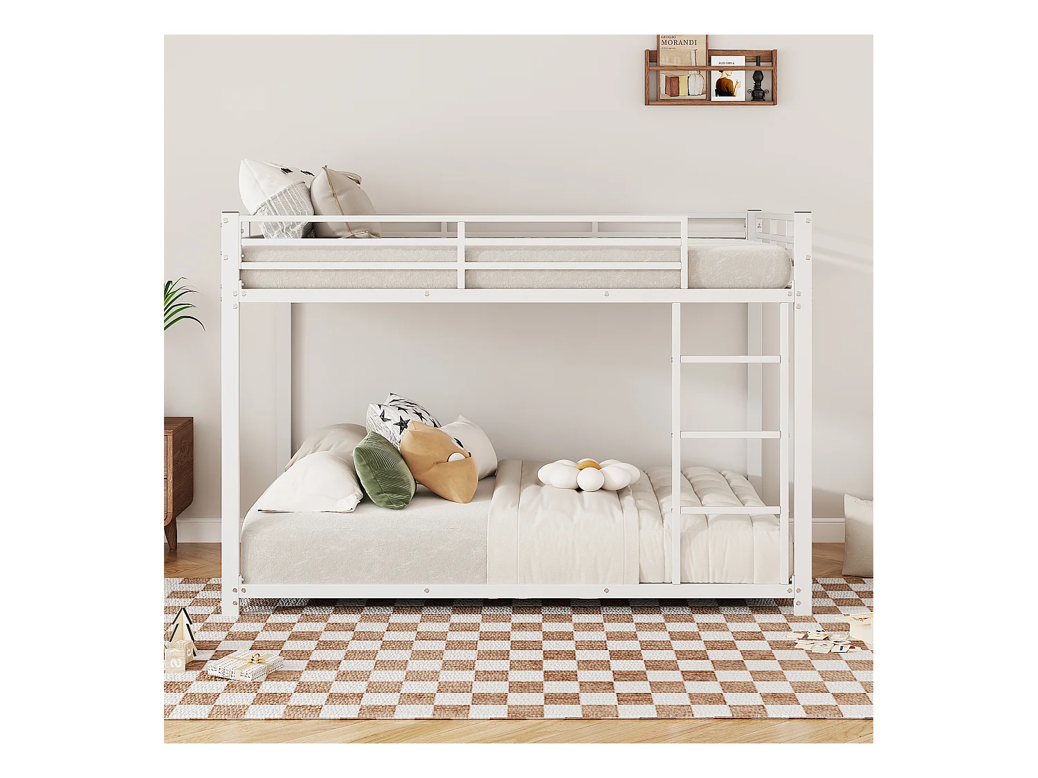 Lit superposé 140 x 200 cm - Lit enfant avec barrières de sécurité et sommier à lattes - Blanc - Sans matelas