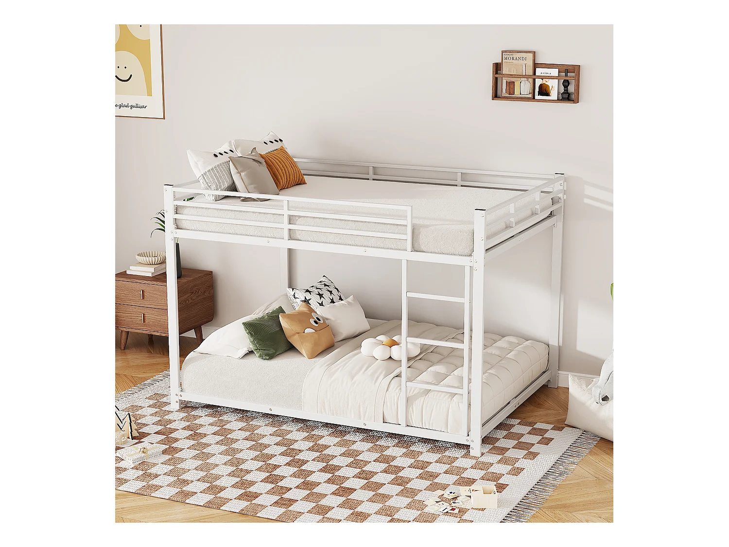 Lit superposé 140 x 200 cm - Lit enfant avec barrières de sécurité et sommier à lattes - Blanc - Sans matelas