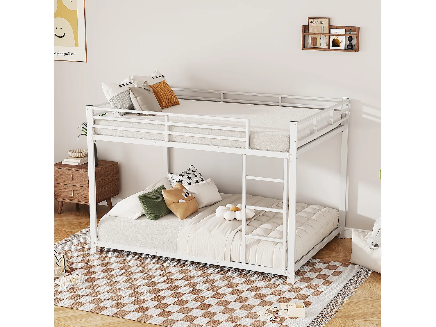 Lit superposé 140 x 200 cm - Lit enfant avec barrières de sécurité et sommier à lattes - Blanc - Sans matelas